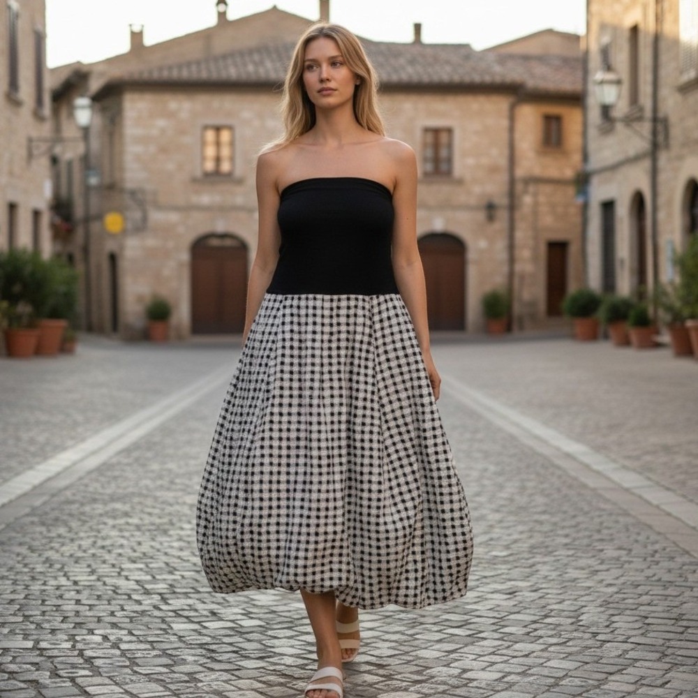 NWT Elemente Clemente Helke Gingham Balloon Skirt Strapless Dress Black White 2